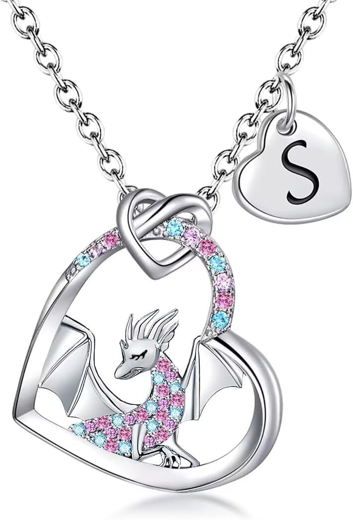 BAOWING Store Dragon Necklace Gifts for Kids Girls Rainbow Dinosaur Animal Pendant Colorful CZ Heart Letter Initial Jewelry Gifts for Daughter Granddaughter Niece Little Teen Girl - Image 1